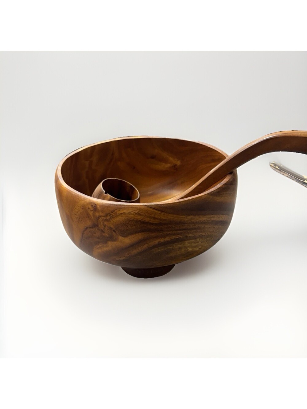 Vintage Monkey Pod Philippines Bowl, Stand And Ladle